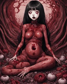 Petit weird woman crushed inside really darkred fleshy stomach filled with digestive juices, sit pose, fullbody, Junji Ito style, darkred tones,