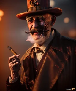 Surreal, steampunk, cabaret scene. Russian old man. Sweat, rain, smoking, happy, hot, people background, highly detailed, concept art, unreal engine 5, god rays, ray tracing, RTX, lumen lighting, ultra detail, volumetric lighting, 3d, finely drawn, high definition, high resolution.