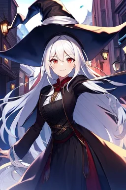 girl, masterpiece, best quality, cinematic lighting, detailed outfit, vibrant colors, perfect eyes, long hair, white hair, red eyes, witch outfit, smile, angry, landscape, town,