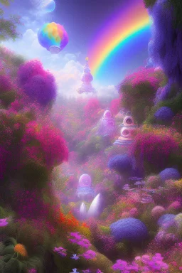 digital illustration, a world full of life divine thrill of biological tranquil sky, flowers, bright color splashes, high detailed 8 k,ufo rainbow