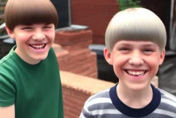 huge grin on a boy with a bowlcut