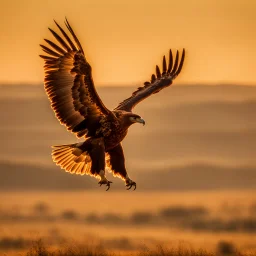 An image capturing the awe-inspiring sight of a magnificent golden eagle in flight, soaring gracefully over a sprawling landscape where a herd of impalas grazes peacefully below. The eagle's wings are outstretched, catching the sunlight and casting a majestic shadow over the savannah. This scene showcases the grandeur of both the eagle and the wild impalas in their natural habitat, creating a powerful and harmonious composition.
