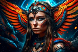 beautifull GIRL PRETTY FACE, an Aztec warrior QUEEN , FIGHTER, FREE WRESTLING , WARRIOR GIRL, PRETTY EYES highly detailed face, multicolored eyes , multicoloured hair, long hair, STARS GALAXY background, 4k, high resolution, CONCEPTUAL ART, CINEMATIC, PHOTO HD, MYSTIC, GHOTIC ART, ANGEL BIG LONG WINGS METAL CYBER, HIGH RESOLUTION, TATTOOS, FIRE SNAKE, PIRAMIDES,