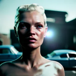 Ultra Realistic retro sci-fi, Supermarket parking scene, 1960 year, blonde woman, sweet young Kate moss face, x ray lights eyes, face makeup, tight latex coat, levitating cars, many panic people, Retro sci-fi style, soft color, highly detailed, unreal engine 5, ray tracing, RTX, lumen lighting, ultra detail, volumetric lighting, 3d, finely drawn, high definition, high resolution.