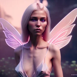 beautiful blonde Faery, with big transparents wings,atmospheric, realistic, unreal engine, lighting pink, octane render.