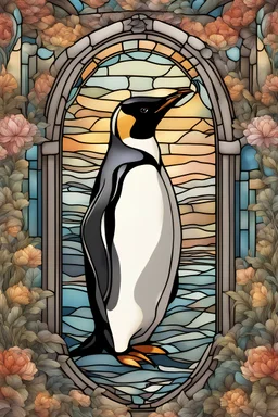 stained glass window design of an overwhelmingly penguin framed with vector flowers, long shiny, wavy flowing hair, polished, ultra-detailed vector floral illustration mixed with hyper realism, muted pastel colours, vector floral details in the background, muted colours, hyper-detailed ultra intricate overwhelming realism in a detailed complex scene with magical fantasy atmosphere, no signature, no watermark