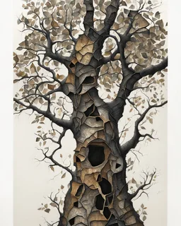Abstract primitive tree composed of organic bark and leaf textures, fragmented into interlocking sections of varying magnification (macro veins, branch close-ups, distant silhouettes), all fused with no boundaries; rough charcoal, angular limbs and leaves, each section using distinct hatching densities and mark systems, high-contrast black on white, naive cubist/raw sketch style, continuous bleeding collage, square frame, edge-to-edge. Colored in rich but soft earth tones with the blacks preser