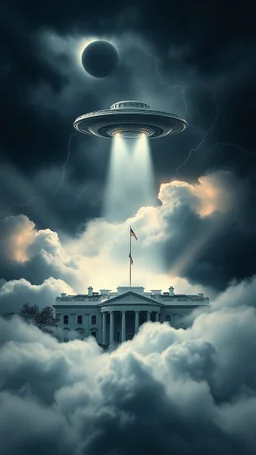 A ufo hovering above the White house hovering above swirling clouds, emerges from the heart of a raging storm. Turbulent winds of steam swirl around the iconic structure, lit by shafts of sunlight that cast dramatic shadows on the A large UFO spacecraft hovering over the pentagon building surrounding clouds. A storm rages and thunder lights up the dark sky,