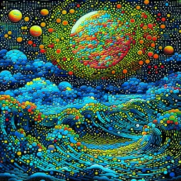 Pointillist artwork. Medium shot. Animated waves and storm clouds partially occlude the huge moon in a nighttime sea storm. Wide angle lens. Mikalojus Konstantinas Ciurlionis inspired pointillism with Miriam Schapiro's vibrant colors. Geometric shapes and patterns reminiscent of Naomi Okubo's style. Screen print textures and pop art aesthetic. Triadic colors with blue, yellow, and red hues. Golden hour glow with symmetrical composition. 8k resolution, highly detailed, trending on Artstation, fol