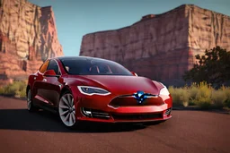 A Tesla 'Model Y' is parked, in the 'Grand Canyon National Park'. (CINEMATIC, WIDE ANGLE LENS, PHOTO REAL)