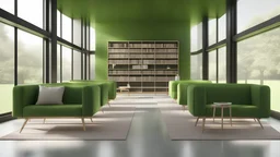 Modern green library interior with sunlight. Decor and desing concept. 3D Rendering