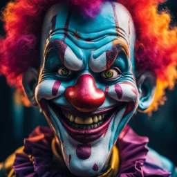 a robotic face of a clown, colorful vibrant colors, villanous grin smile, cinematic, Dark DC comics movie effect