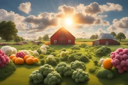 lifelike photography, vegetable and fruit landscape, broccoli forest, chive field, cauliflower sheep, orange sun, whipped milk clouds, raspberry flowers, cheese barn and haystack in sunshine