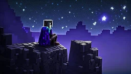 Minecraft Character, minecraft theme, purple starry sky, meditating, facing back, wearing gown, minecraft style, in between two cliffs, sharp edges