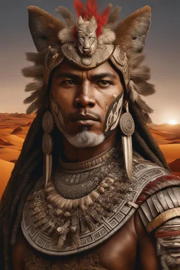 Striking portrait of Nantli warrior as anthropomorphic puma, adorned with intricately designed traditional armor and headdress. His face, painted with black and white patterns, radiates a fierce and determined expression. A red sun adorns his headdress, symbolizing strength and power. The background, a vast, golden desert landscape, with a sun setting behind some rocky outcrops. 8k