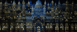 A dark indigo glowing casino megalopolis designed in ancient Roman mosaics painted by Edward Hicks