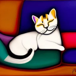 oil portrait of tricolor pattern Cat sleeping in a sofa by Juan de Pareja 8k