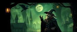crow vintage mustache thief elf juggler man in then elven magical green city of myth drannor