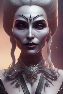 Constance Langdom as evil queen in black leather, leather, busty, cleavage, angry, stern look. character design by cory loftis, fenghua zhong, ryohei hase, ismail inceoglu and ruan jia. unreal engine 5, artistic lighting, highly detailed, photorealistic, fantasy