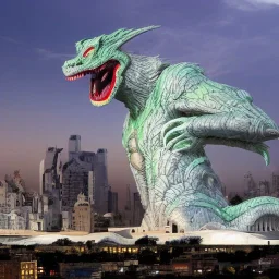 strange flying kaiju creature with stalked eyes and big mounth designed by zaha hadid destroying a city designed by dr Seuss