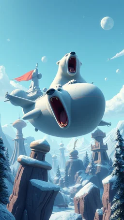 captain polar bear comet, screaming in panic as huge air ship floating above frozen artic jungle with weird alien towers gets torn apart under him, in the style of Pixar, expertly crafted in a whimsical and vibrant cartoon style. is masterfully rendered in a lifelike 3D design, which captivates viewers with there irresistible charm.