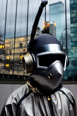 Metallic Cyber-punk style man with a web-camera-mask and old AKG-style headphones with golden rings. Large fencing mask covers man's cheeks. Man in good body shape. Reflective plastic body jacket full-coverage. Body and head full of integrated old-fashioned cameras and an old telephone. Silvery black leather surfaces body. Perfect body. Euclidean 3D-tiling, Escher tiling, background. Cables in head. Daft Punk 1996. Matrix black leather jacket with a Hood.