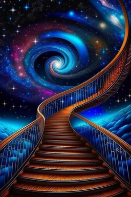 Beautiful staircase. He goes into the starry sky. It is picturesque and colorful. Bright colors of the ring exquisitely luxury chic aesthetics photo harmony professional photo 64K pixel graphics high detail bright lighting