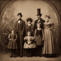 In the sepia tones of a bygone era, a Victorian family stands in solemn attire, their faces reflecting the austere demeanor of the times. At the center, an anachronistic figure, a cylindrical automaton with appendages that seem to mock the conventions of human form, stands in stark contrast to its human counterparts. This tableau challenges the viewer, juxtaposing the rigid human portraits with the whimsical inclusion of a mechanical entity, blurring the lines between history and fantasy.