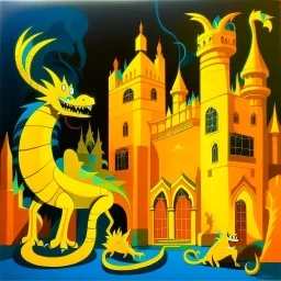 A yellow palace with glowing light dragons painted by Stuart Davis