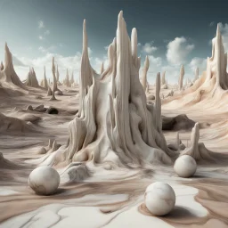 Dark, creepy, 3d, marble-like, surreal objects in a bright environment, desert, noon light, melting cream, Yves Tanguy style