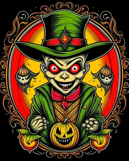 Vintage Trick or Treater tattoo design, traditional tattoo style, t-shirt design, fantasy art, digital painting, clean dark background, 8K