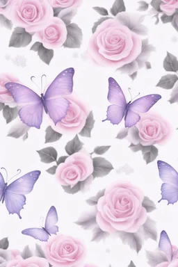 Light pink and light purple butterflies in the snowy winter with roses