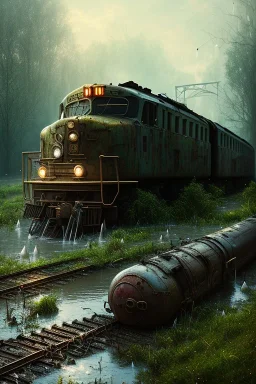 man, warrior in front, an abandoned train on tracks overgrown by nature with large puddles of water flooding part of tracks in background, 8k resolution, high-quality, fine-detail, intricate, digital art, detailed matte, volumetric lighting, illustration, 3D octane render, brian froud, howard lyon, selina french, anna dittmann, annie stokes, lisa parker, greg rutowski