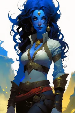 create an adult female air genasi from dungeons and dragons, black medium hair, light blue eyes, blue skin, wavy hair, wearing red leather clothing, full body, digital painting, high resolution, forest background, a bit zoomed out