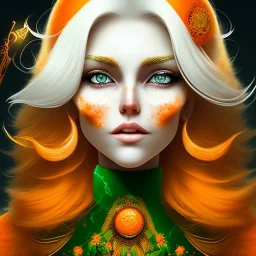 fantasy setting, woman, orange and white hair, wavy hair, freckles, ranger, more orange hair, more white hair, green eyes, more white hair