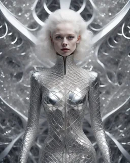 A mesmerizing fusion of intimate abstraction and surreal futurism, depicting a striking female albino figure adorned in a breathtaking silver chrome-scaled suit. The intricate structure of the suit echoes the hyper-fractal nature of a coherent hyper-position lattice, creating a dynamic interplay of light and form that seems almost otherworldly. Her presence is both mysterious and seductive, yet tinged with an innocent vulnerability, as she gazes outward with an expression of deep longing. Ether