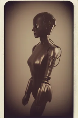 steampunk, vintage analog polaroid of a woman robot, female body, fog, lomography, heavy film grain, night, color bleed, depth of field, bokeh, retro