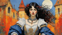 ink oil, full body portrait painting of a medieval vampire girl in the impressionist style of Childe Hassam, mixed with art nouveau, and abstract impressionism, and the comic art style of Jean-Giraud Moebius ,precise and sharply defined edges, in vibrant natural colors