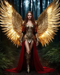 Photography full body A Length image of very beautiful Super model Russian Woman,long hair red as an Beautiful Archangel with wings made from metal craft,dressing luxurious golden and black color armor filigree combination fully crystals diamonds stone,luxury boots shoes,in magical night forest full of lamps Background