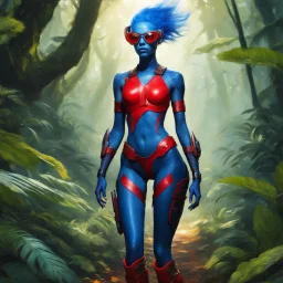 thin alien with tattoos: Her blue skin shimmers under the dappled sunlight, blending seamlessly with her surroundings. Those red boots, though, they stand out like a fiery declaration of her indomitable spirit.Equipped with her trusty goggles, she scans the jungle with hawk-like precision. Her keen eyes pierce through the dense foliage, seeking out any signs of danger or opportunity. But it's not just her eyes that are sharp; those ray guns strapped to her corset are a testament to her readiness