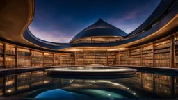 192, delightful, sensitive, confident, undulating sinusoidal library with pointed hyperbolic roofs, delicate, night, darkness, water features, exquisite architecture, innovative design, award-winning photograph, beautiful composition, filled with beautiful detail, delicate colour, chiaroscuro