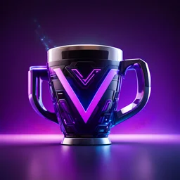 cybernetic coffee cup. Letter V on the cup. perfect logo for a cyberpunk video game. purples.