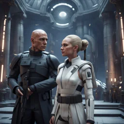 a bold and heroic bald male Corellian pilot in black and metallic grey First Order special forces gear meets a female Jedi Master in ancient, mystical temple, hyperdetailed, dynamic lighting, hyperdetailed background, 8k resolution, volumetric lighting, light skin, fully symmetric details