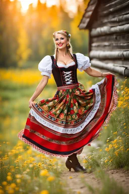 fullbody oktoberfest lady, outdoor, vladimir mukhin folk dancer in countryside