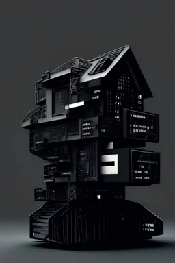 design a black house that is made of computer parts and computer code/