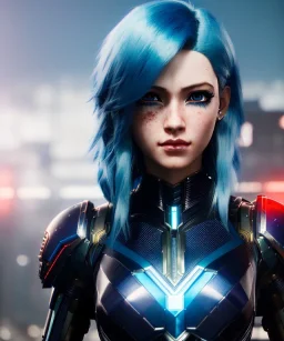 Cyborg anime warrior, light blue hair, blue eyes, waist up portrait, 8k resolution, intricate details, ornate details, soft lighting, vibrant colors, retroanime, masterpiece, intricate eyeliner, dark eyeshadow, eyes, intricate tattoos, futuristic cityscape background