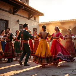 Cinematic shot of a group of Azerbaijani men and women performing the traditional ‘Yalli’ dance in a historical village courtyard. They are holding hands, forming a graceful chain. The dancers are wearing vibrant, authentic Azerbaijani folk costumes with intricate embroidery and silk textures. Golden hour lighting, dust particles dancing in the light, dynamic motion blur to emphasize the rhythmic movement. High detail, 8k resolution, hyper-realistic, photorealistic style, shot on 35mm lens
