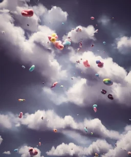 Ultra realistic speed clouds sky scene, wide angle view, strong men falling down with many Childs background, circus clothing style, feather color clothing, free jumping flying, many trinkets, hair monster, many jelly beans, balls, color smoke, smile, happy, extreme, wind, clouds sea, 20,000 feet altitude, stratosphere, soft color, highly detailed, unreal engine 5, ray tracing, RTX, lumen lighting, ultra detail, volumetric lighting, 3d, finely drawn, high definition, high resolution.