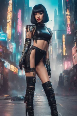 full-body-art of a woman with a bob with a fringe hairstyle, Cleopatra clothing, black knee-high boots, cyberpunk city background