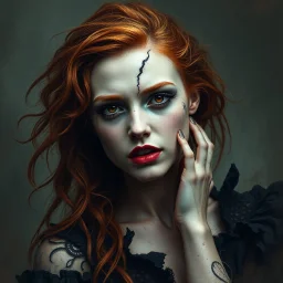a beautiful fantasy woman, young, ginger hair, insane, broken, dark fantasy art